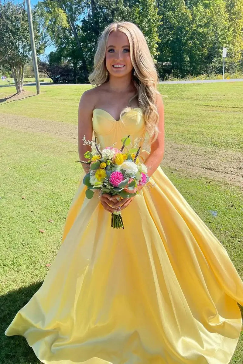 Strapless Yellow Ball Gown Satin Prom Dresses Corset Sweetheart