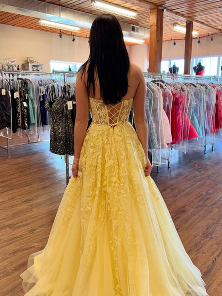 Strapless Yellow Prom Dresses Lace A-Line Formal Wear Online