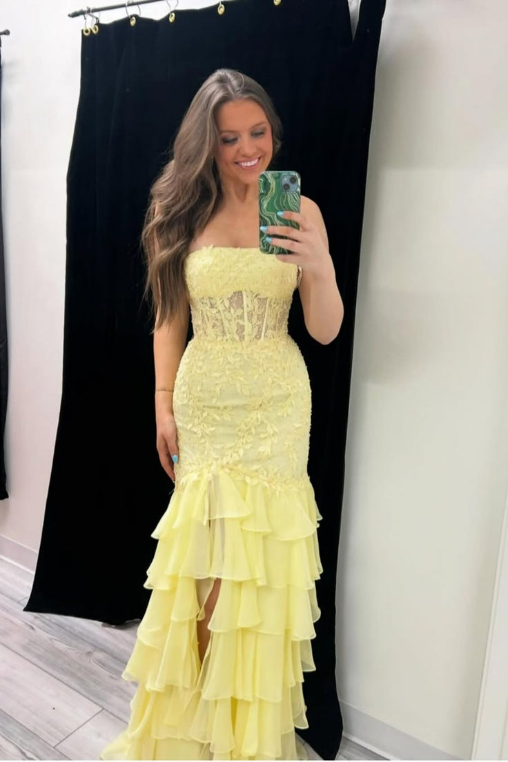 Pink Strapless Senior Prom Dresses Mermaid Lace Tiered Formal Wear