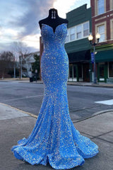 Strapless Royal Blue Evening Dress Velvet Sequins Long Party Dresses - MyChicDress