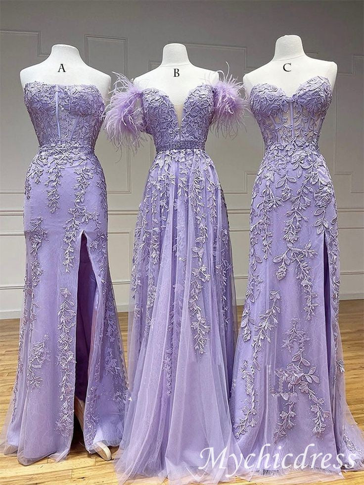 Strapless Corset Purple Violet Lace Prom Dresses Tulle Long Formal Dresses - MyChicDress