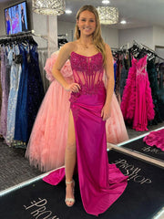 Strapless Fuchsia Prom Dresses Satin Mermaid Long Gown with Slit - MyChicDress