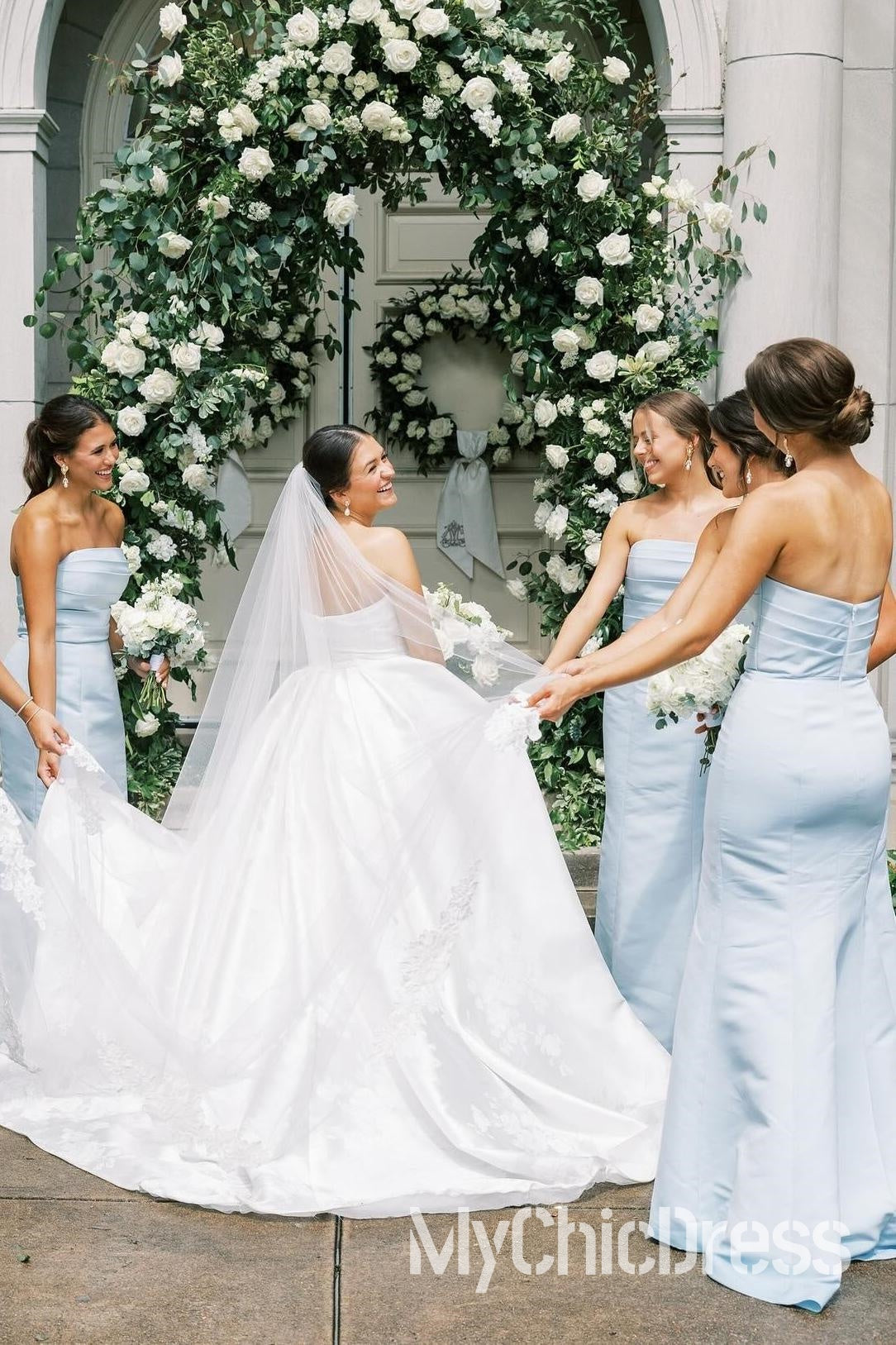 Strapless Light Blue Bridesmaid Dress Long Party Dress Ruched