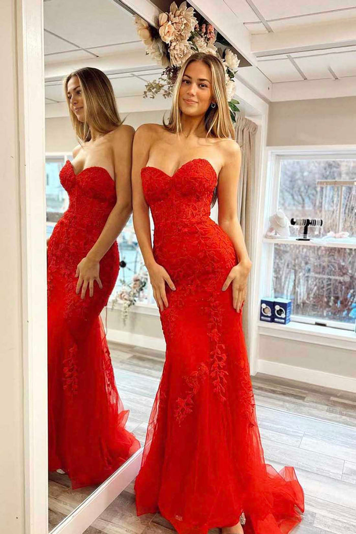 2025 Strapless Long Lace Prom Dresses Red UK Mermaid Appliques - MyChicDress