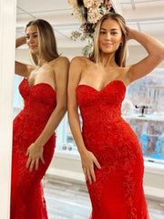 2025 Strapless Long Lace Prom Dresses Red UK Mermaid Appliques - MyChicDress