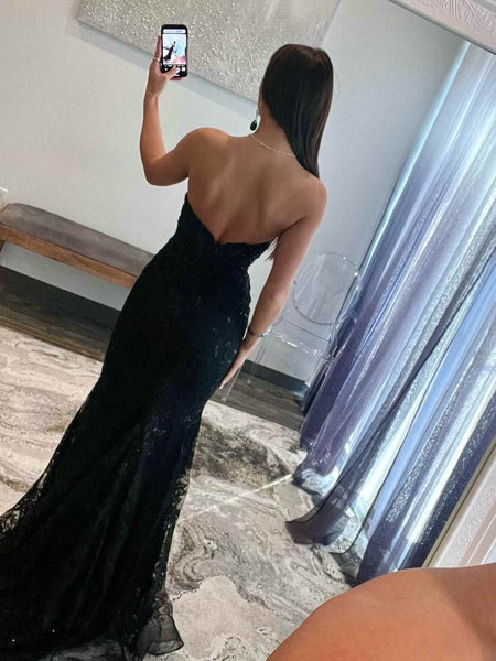 Mermaid Lace Long Black Prom Dresses Strapless with sequins - MyChicDress