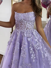 Ball Gown Strapless Purple Violet Prom Dress Lace Long Formal Gown