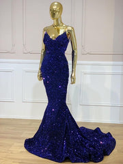 Strapless Sequin Purple Evening Dresses Mermaid Long Prom Dress