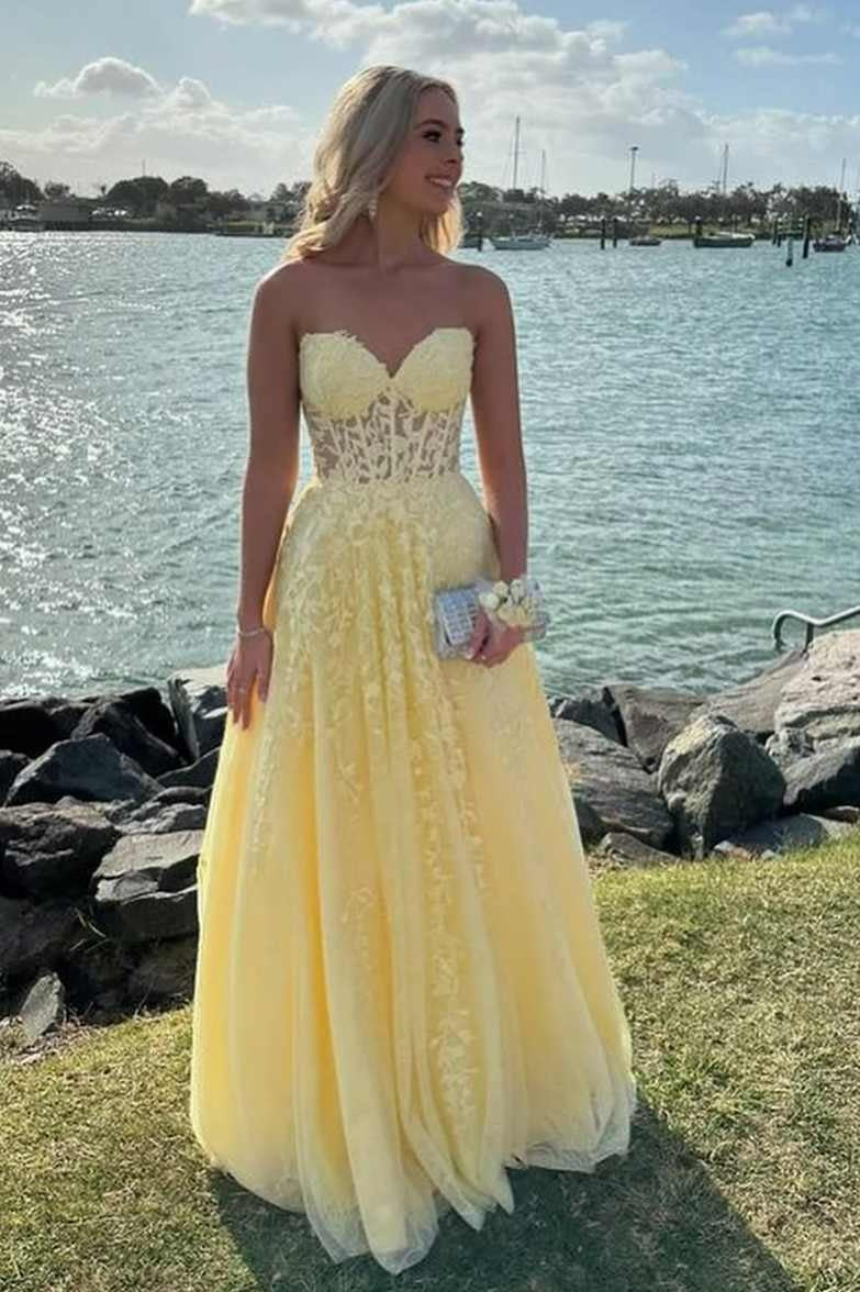 Strapless Yellow Prom Dresses Lace A-Line Formal Wear Online – MyChicDress