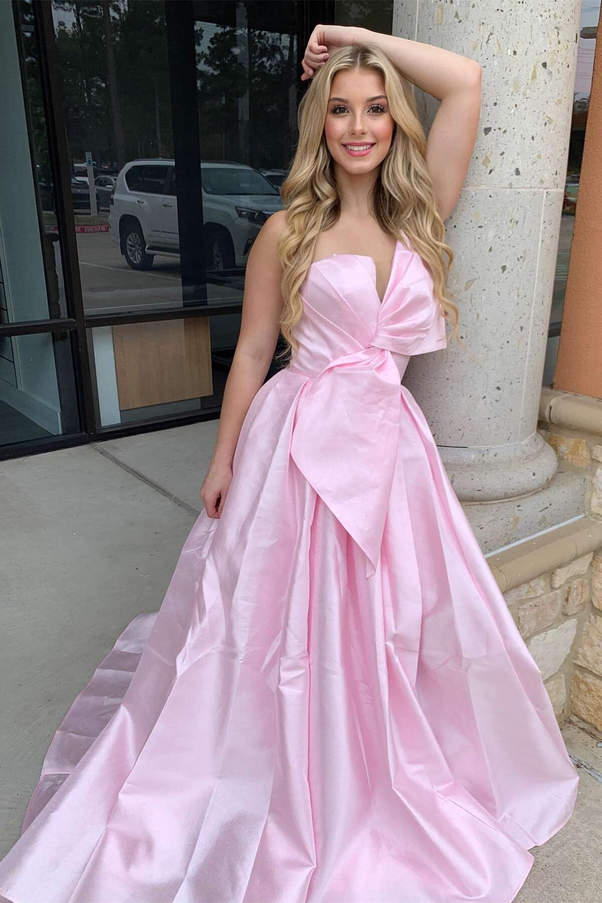 Strapless Light Pink Satin Prom Dress A-line Long with Bow