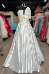 Strapless Light Pink Satin Prom Dress A-line Long with Bow