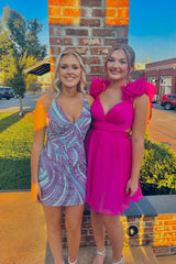 Straps Short Homecoming Dress Hot Pink Pleated Ruffles