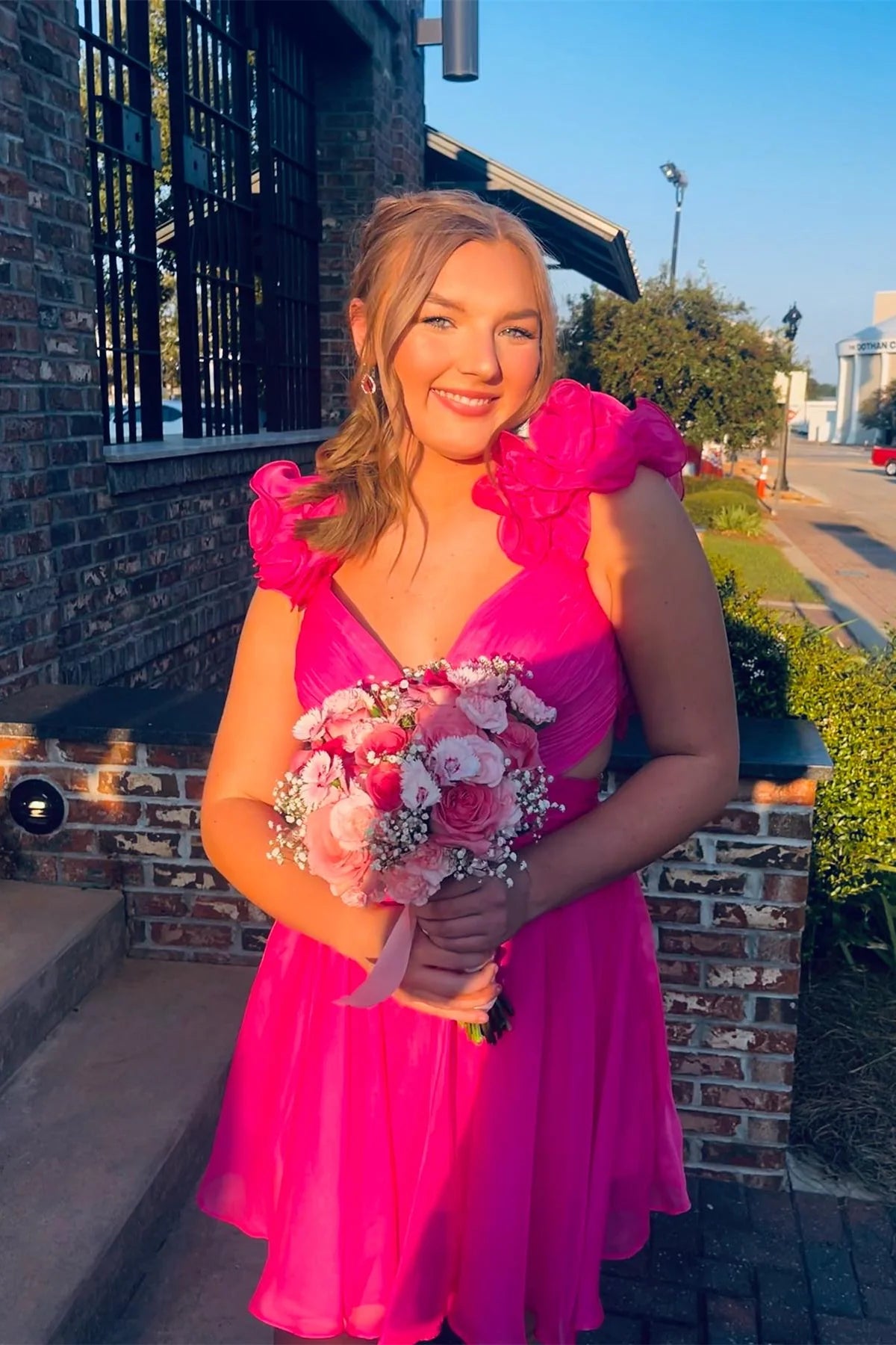 Straps Short Homecoming Dress Hot Pink Pleated Ruffles