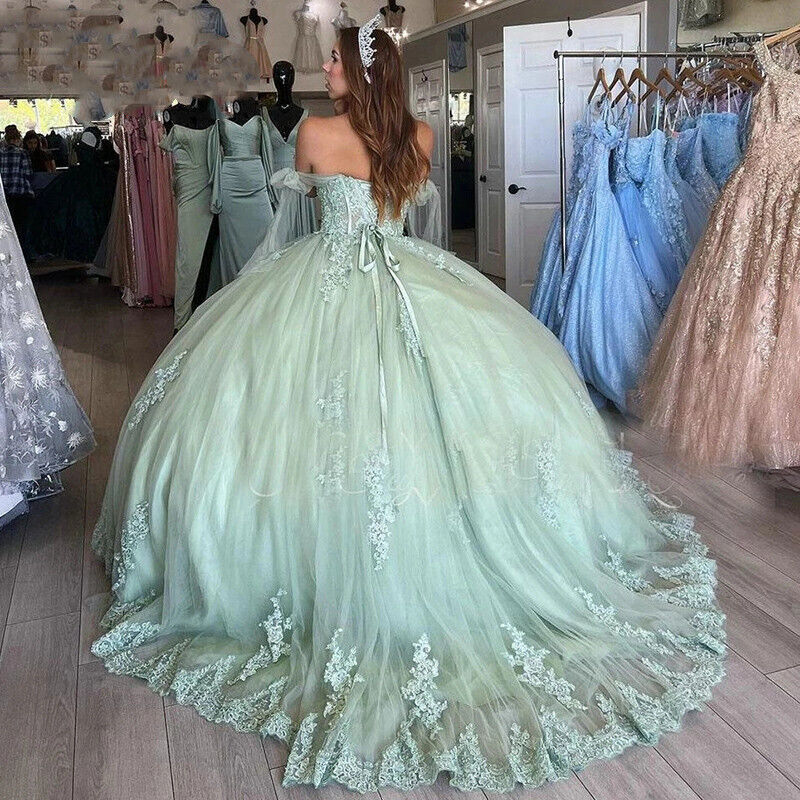 Sweet 16 Dress Mint Lace Quinceanera Dresses Off the Shoulder Ball Gown - MyChicDress