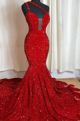 Sweetheart Sleeveless Sequins Red Mermaid Prom Dresses