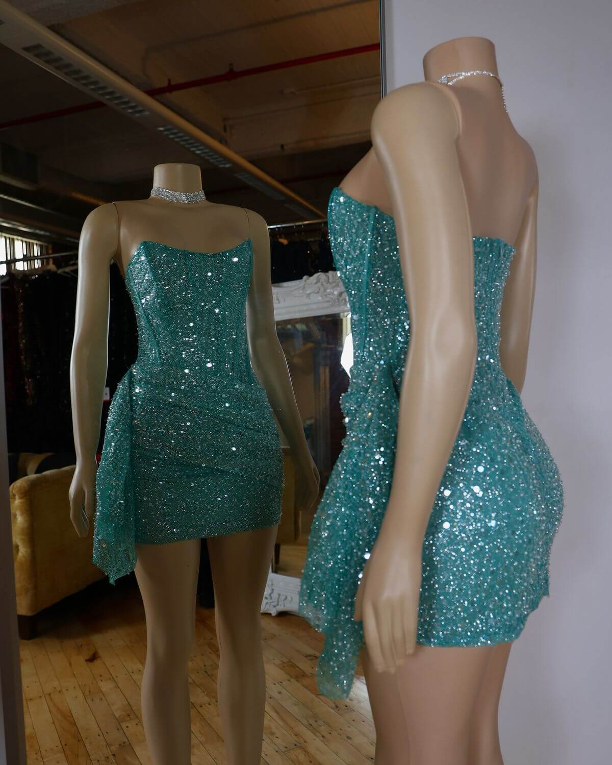 Strapless Sequin Teal Homecoming Dress Corset