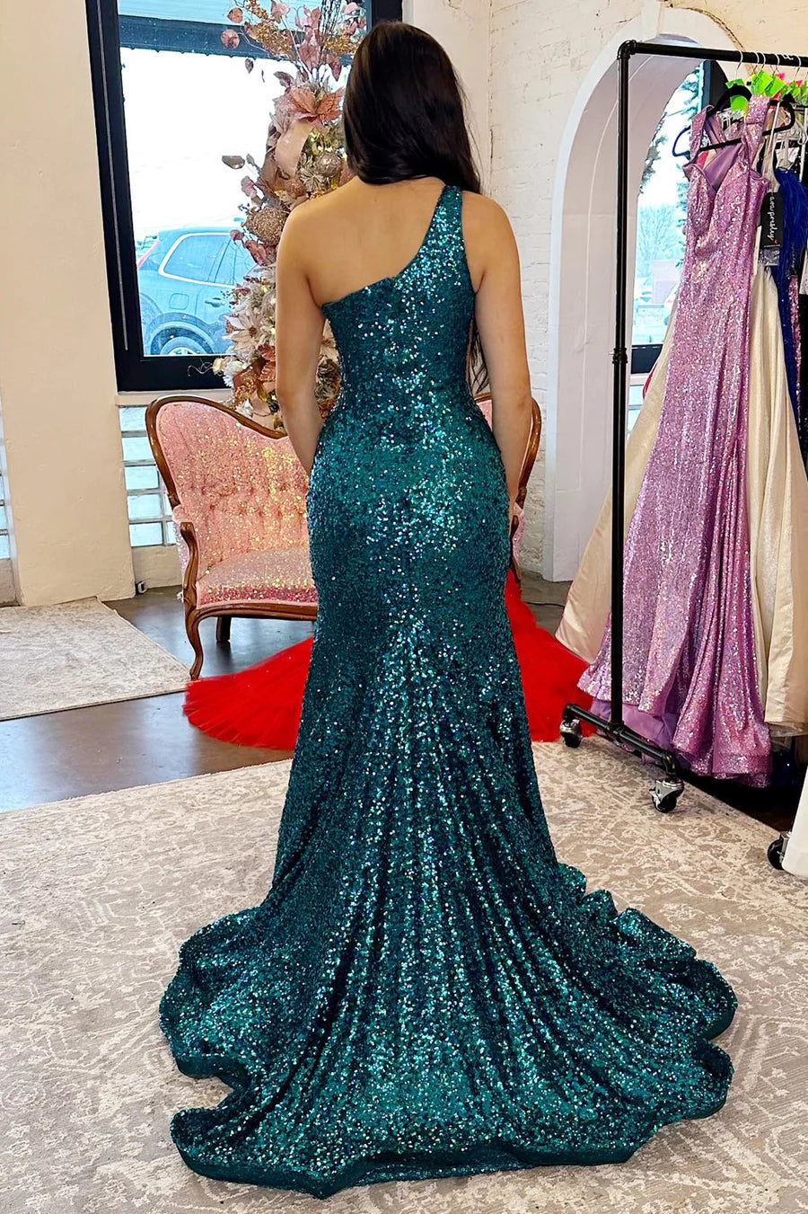 Gold Sequin Prom Dress One-Shoulder Trumpet Mermaid Maxi Dresses