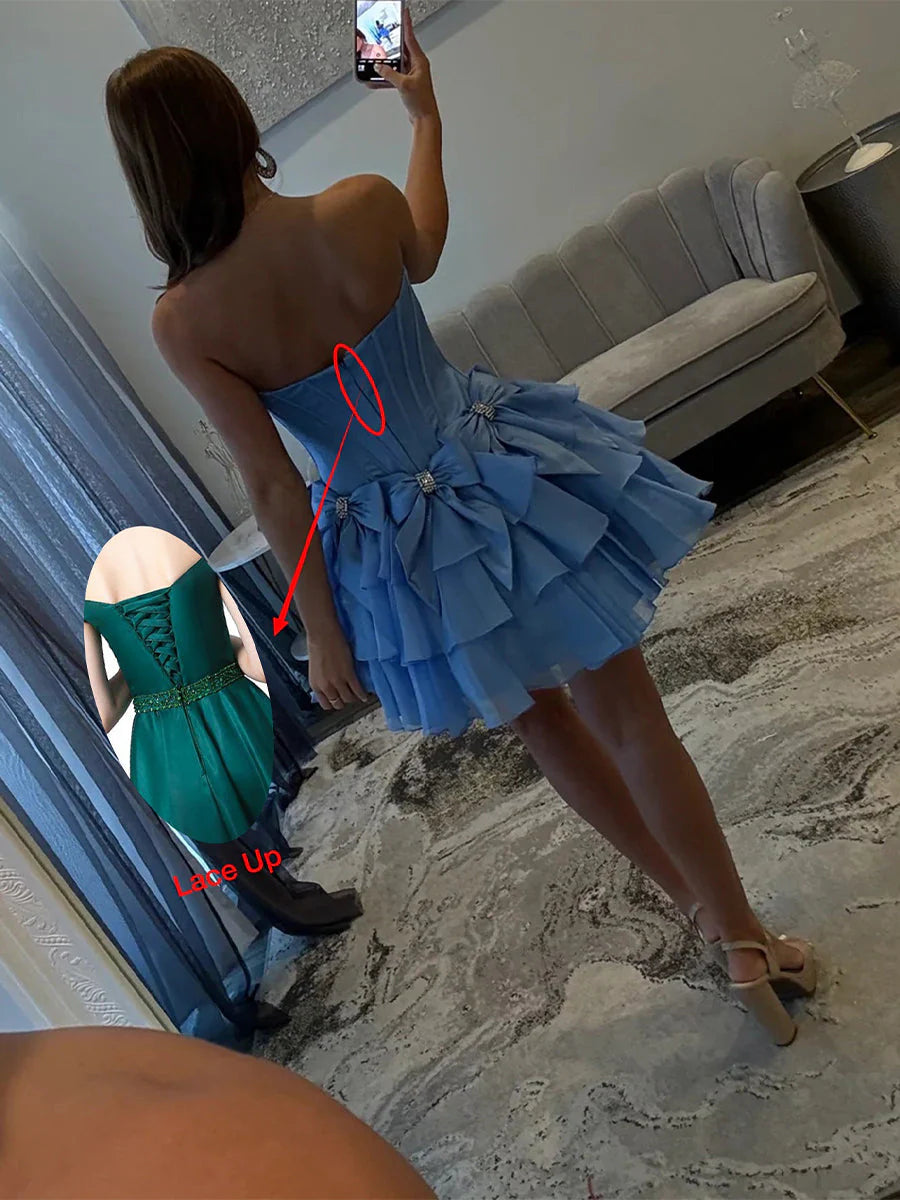 Tiered Blue Short Ruffle Homecoming Dress Strapless with Bow