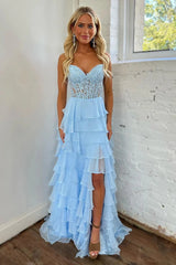 Tiered Corset Formal Dresses Sky Blue A-Line Long Prom Dress