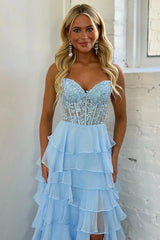 Tiered Corset Formal Dresses Sky Blue A-Line Long Prom Dress