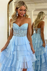 Tiered Corset Formal Dresses Sky Blue A-Line Long Prom Dress