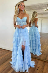 Tiered Corset Formal Dresses Sky Blue A-Line Long Prom Dress