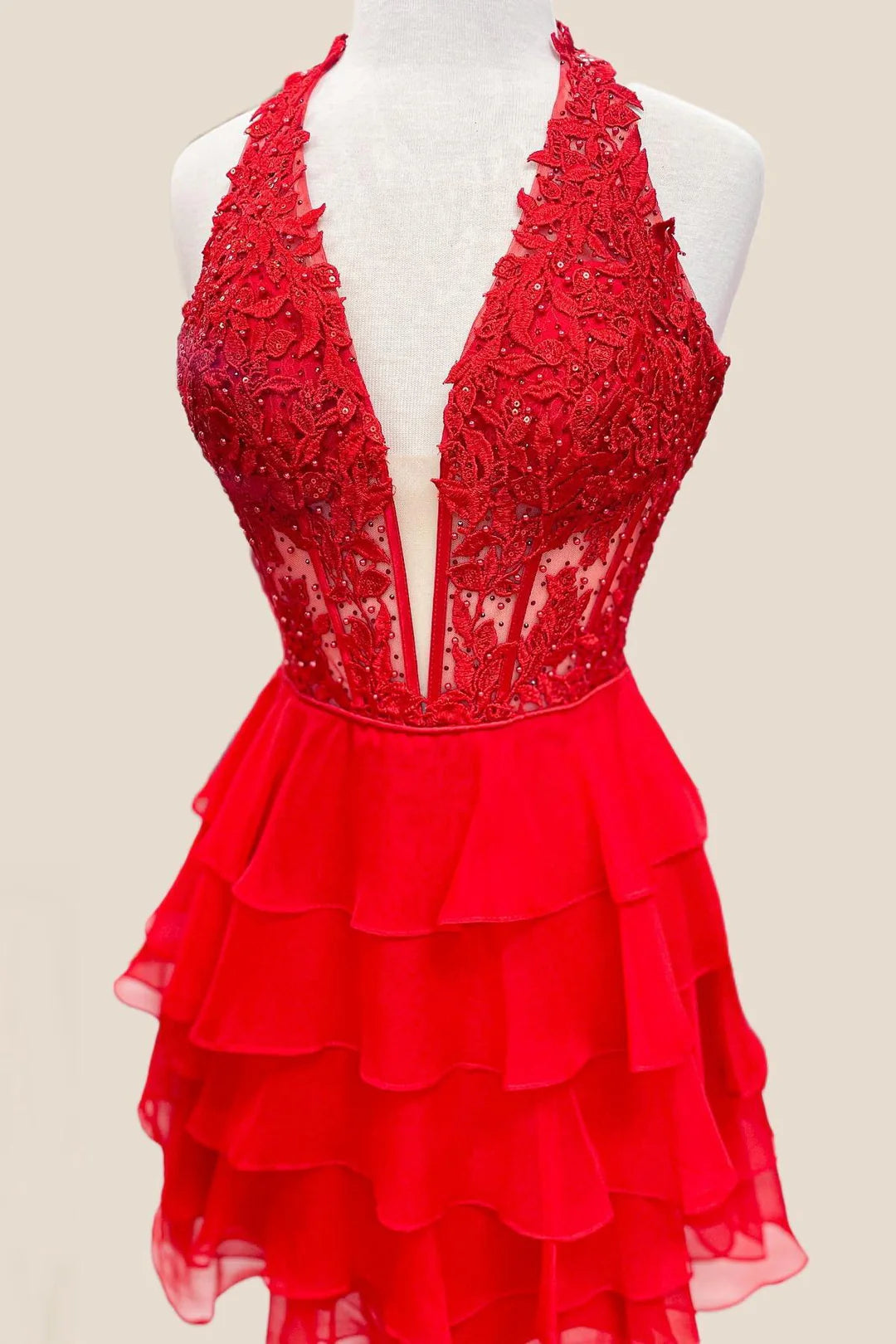 Tiered Ruffle Short Pink Homecoming Dress Lace Appliques Halter Chiffon - MyChicDress