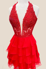 Tiered Ruffle Short Pink Homecoming Dress Lace Appliques Halter Chiffon - MyChicDress