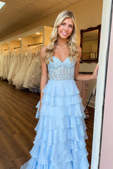 Tiered Corset Formal Dresses Sky Blue A-Line Long Prom Dress - MyChicDress