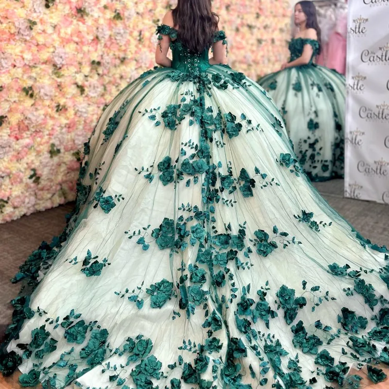 Tulle Appliques Off Shoulder Quince Dress Emerald Green 3D Flowers Beaded - MyChicDress