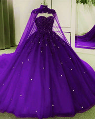 Tulle Dark Purple Quince Dress Ball Gown Wedding Dress With Cape
