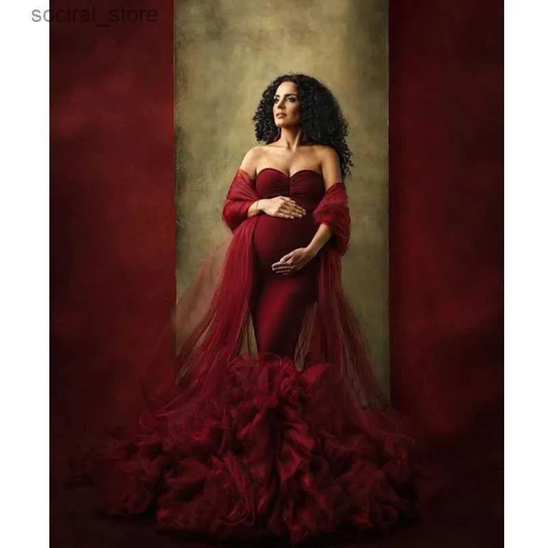 Sky Blue Tulle Mermaid Maternity Dress for Photoshoot Women Bathrobe