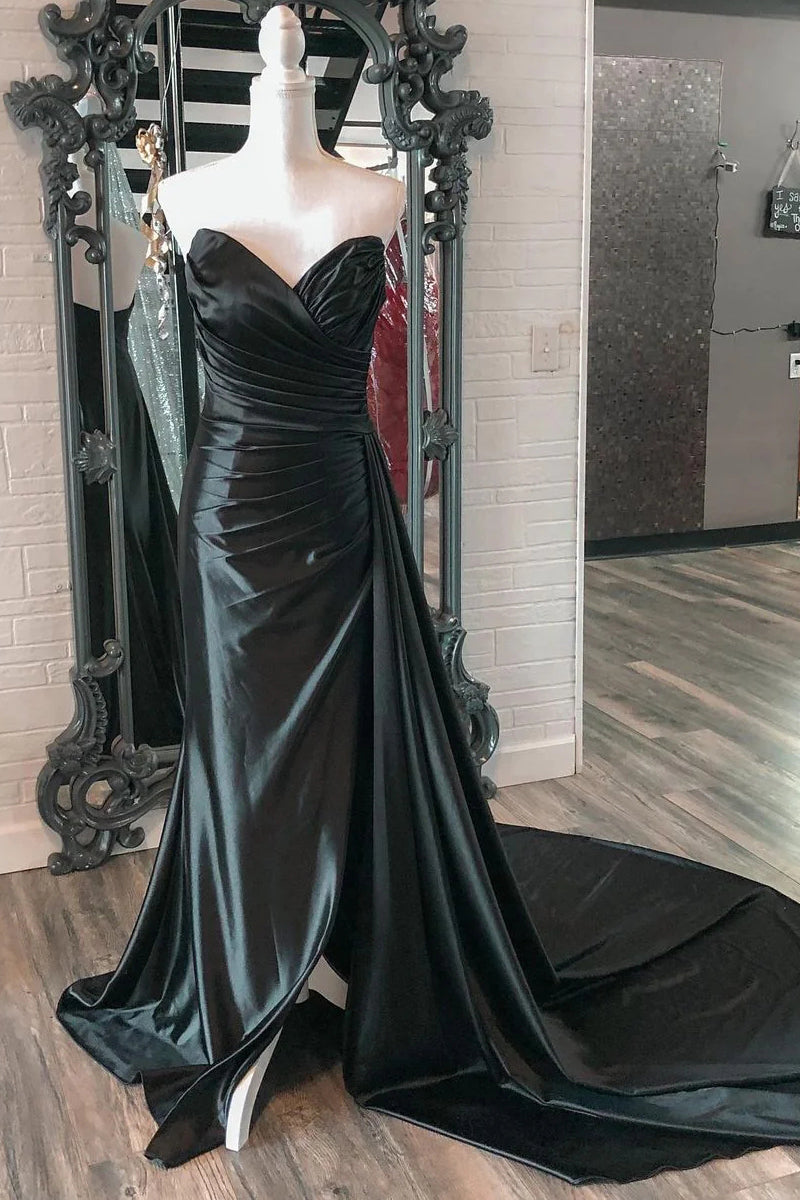 Uk Black Satin Wedding Guest Dress Mermaid Long Prom Dresses Sweethear