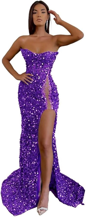 Unique Sequins purple Prom Dress Sleeveless Mermaid Mychicdress
