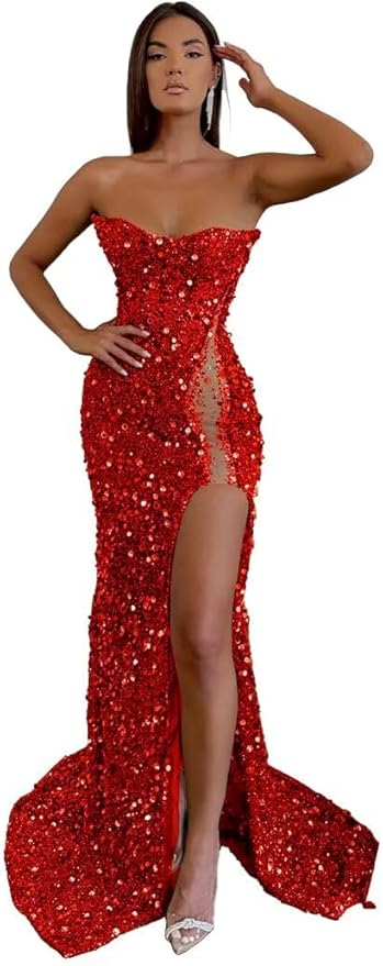 Unique Sequins red Prom Dress Sleeveless Mermaid Mychicdress