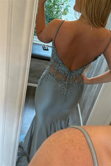 2025 V-neck Long Evening Dress Ice Blue Satin Appliques Mermaid