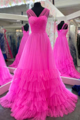 V Neck A Line Cheap Prom Dresses Pink Tulle Long Formal Dress - MyChicDress