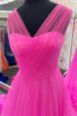 V Neck A Line Cheap Prom Dresses Pink Tulle Long Formal Dress - MyChicDress