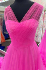 V Neck A Line Cheap Prom Dresses Pink Tulle Long Formal Dress
