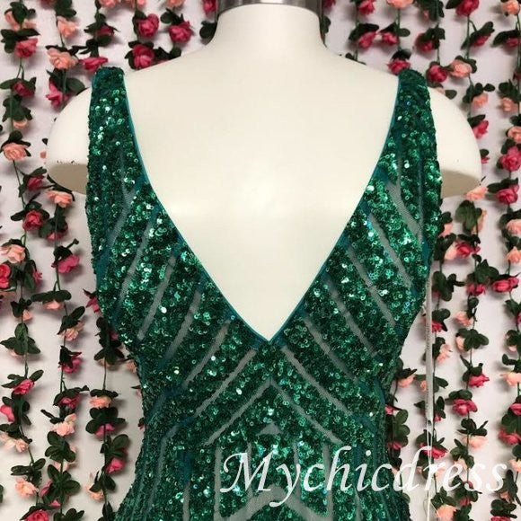 V Neck Emerald Green mermaid Sequin Prom Dresses Long Evening Dress - MyChicDress