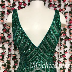 V Neck Emerald Green mermaid Sequin Prom Dresses Long Evening Dress