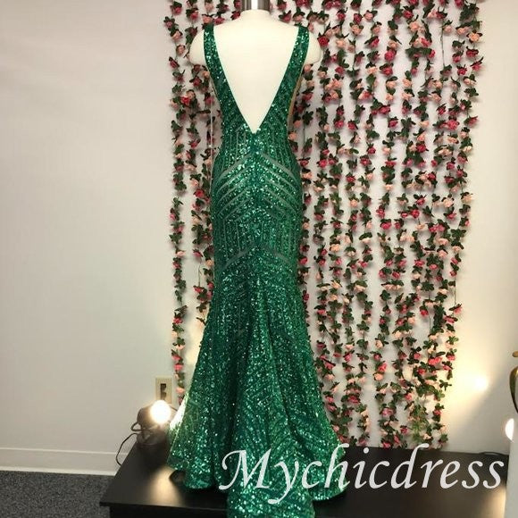 V Neck Emerald Green mermaid Sequin Prom Dresses Long Evening Dress - MyChicDress