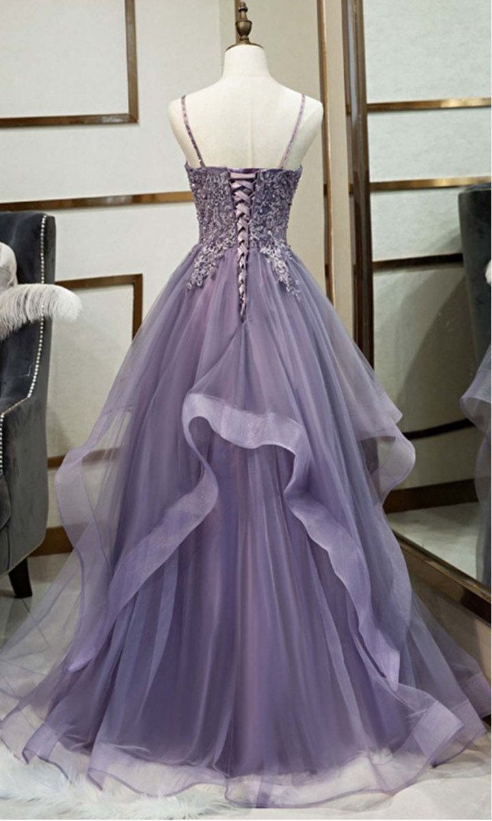 V Neck Semi Formal Dresses Purple Tiered Lace A-line Prom Dress - MyChicDress