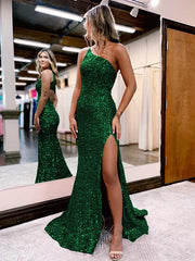 V Neck Long Glitter Prom Dresses Mermaid Evening Dress Sequins Slit