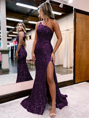 V Neck Long Glitter Prom Dresses Mermaid Evening Dress Sequins Slit - MyChicDress