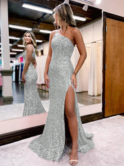 V Neck Long Glitter Prom Dresses Mermaid Evening Dress Sequins Slit - MyChicDress