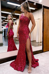 V Neck Long Glitter Prom Dresses Mermaid Evening Dress Sequins Slit - MyChicDress