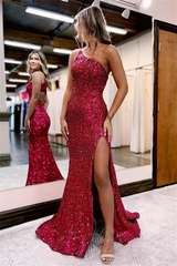 V Neck Long Glitter Prom Dresses Mermaid Evening Dress Sequins Slit