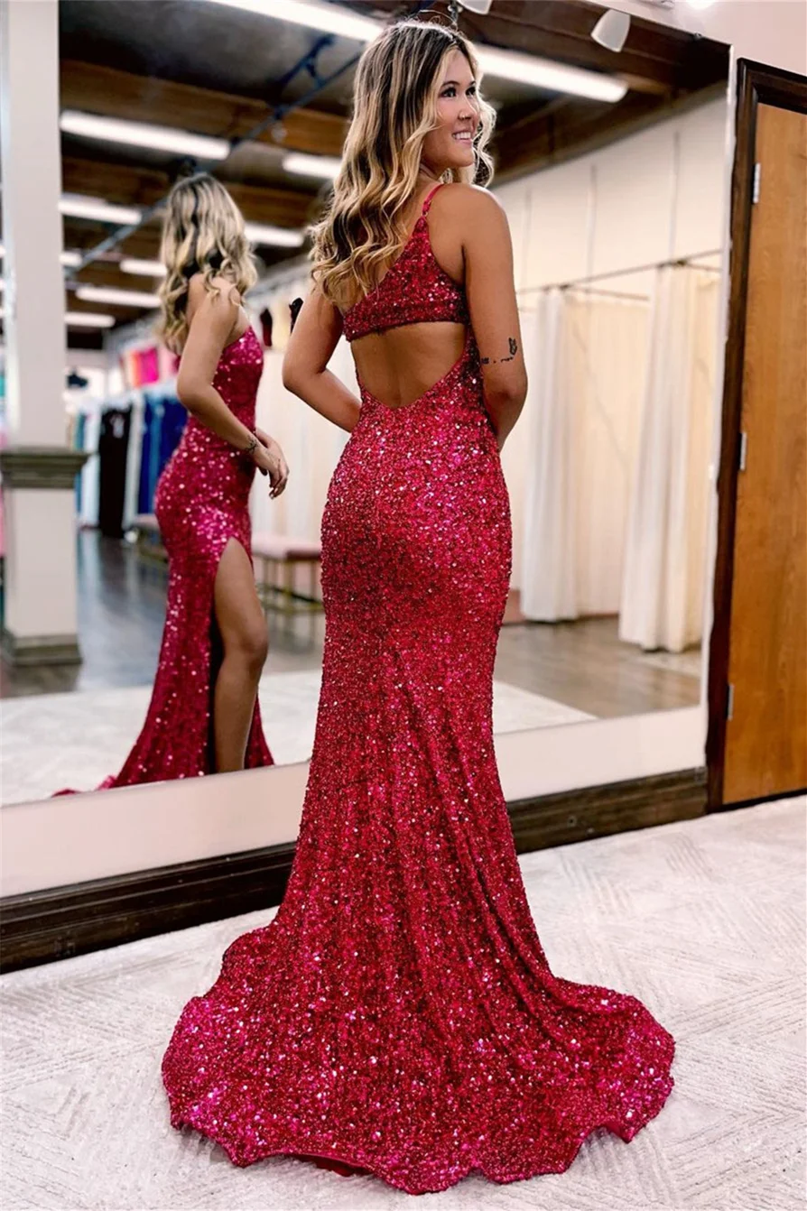 V Neck Long Glitter Prom Dresses Mermaid Evening Dress Sequins Slit - MyChicDress