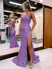 V Neck Long Glitter Prom Dresses Mermaid Evening Dress Sequins Slit - MyChicDress